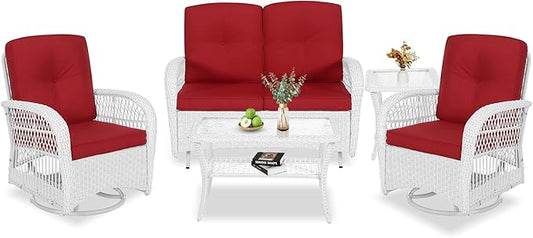 VIVIJASON 5-Piece Outdoor Patio White Wicker Conversation Sets, All Weather Outdoor Rattan Furniture Set Includes Glider Loveseat, 2 Coffee Table, 2 Swivel-Gliders Chairs with Cushions, Red