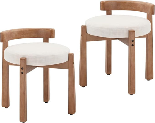 Modern Vanity Chair Upholstered Small Ottoman Footstool, Make Up Stool Linen Fabric with Backrest Wooden Frame for Living Room Bedrooms, 2PCS, Beige