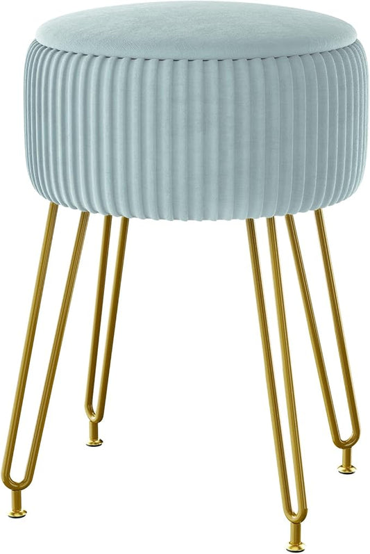 IBUYKE Velvet Storage Footrest Stool Ottoman, Makeup Vanity Stool Side Table with Golden Steel Legs Removable Cover, Coffee Table Top Cover, Blue LG-20H