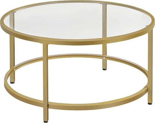 Yaheetech Gold Glass Coffee Table for Living Room, 36" Round Glass Coffee Table with Metal Frame, Circle Coffee Table for Home, Office, Apartment