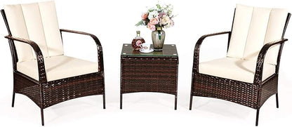 COSTWAY 3 Pieces Patio Rattan Furniture Set, Outdoor Conversation Chair Set with Coffee Table & 2 Cushions for Backyard, Porch, Poolside, Lawn, Garden, White