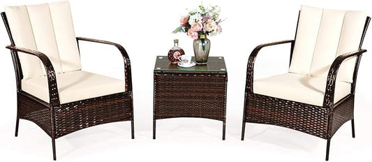 COSTWAY 3 Pieces Patio Rattan Furniture Set, Outdoor Conversation Chair Set with Coffee Table & 2 Cushions for Backyard, Porch, Poolside, Lawn, Garden, White