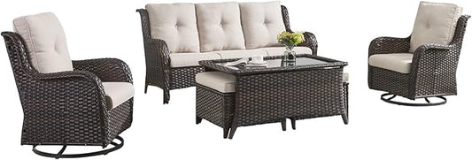 HUMMUH Patio Furniture 6 Pieces Outdoor Furniture Set Wicker Outdoor Sectional Sofa with Swivel Rocking Chairs,Patio Ottomans,Outdoor Coffee Table
