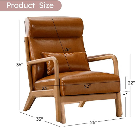 Accent Chair Mid Century Modern Chair PU Leather Fabric Living Room Chairs with Solid Wood Frame Comfy Upholstered and Lumbar Pillow Reading Side Chair Easy Assembly for Bedroom (1, Brown)