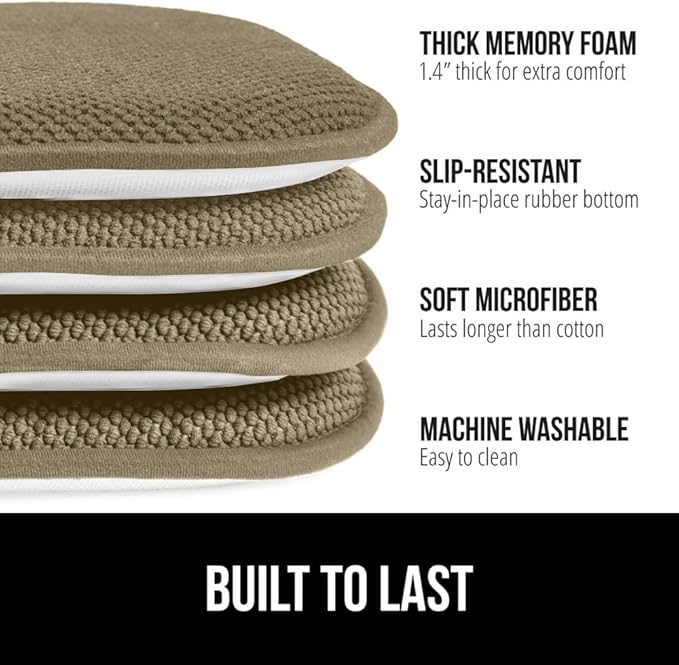 GORILLA GRIP Slip Resistant Chair Cushions, No Ties Required, Set of 6 Memory Foam Pads for Dining Room, Kitchen Table, Office, Rocking Chairs, Plush Seat Cover Cushion Pad, Home Decor, 16x16, Beige