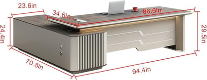 94IN Executive Office Desk - Large Office Desk L Shaped Computer Desk with 2 Drawers & Grille Design | Thickened Countertop & Large Capacity Side Cabinet Storage & Metal Cabinet Handle