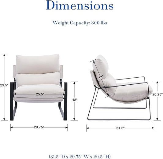 HEAH-YO Modern Accent Chair Set of 1, Comfy Living Room Chair with Removable Cushion and Solid Metal Frame, Chenille Fabric Reading Side Chair for Bedroom, White