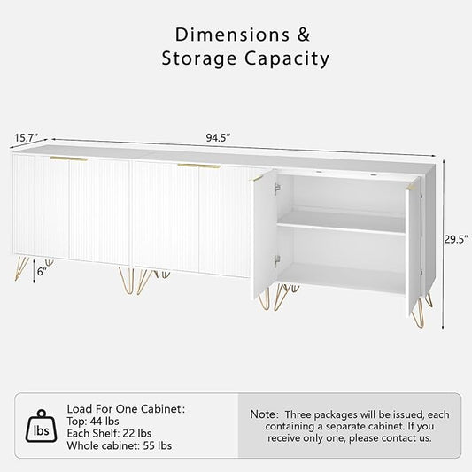 Fluted Storage Cabinet, Set of 3, Sideboard Buffet Cabinet, Modern Wood Accent Table with Adjustable Shelves, Console Table for Living Room, Hallway, Entryway, White