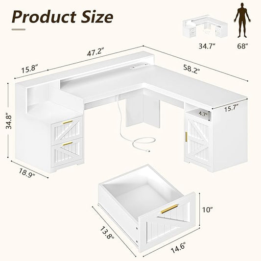 63" Farmhouse L Shaped Executive Desk with Drawers & Storage Shelf, Corner Computer Desk with Power Outlets, L Shaped Office Desk with Monitor Stand, Printer Shelf, White