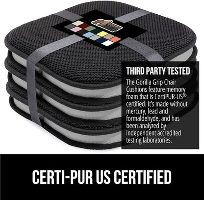 GORILLA GRIP Slip Resistant Chair Cushions, No Ties Required, Memory Foam Pads for Dining Room, Kitchen Table, Office, Rocking Chairs, Plush Seat Cover Cushion Pad, Home Decor, Set of 4 16x16, Black