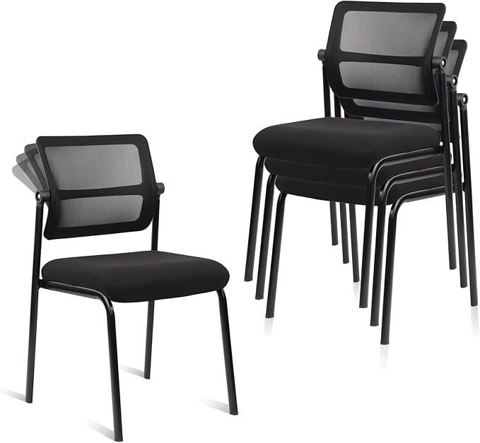 CLATINA Stacking Armless Office Waiting Room Chair with Adjustable Backrest, Mesh Stackable Guest Reception Desk Chairs with Ergonomic Lumbar Support for Home Conference Lobby Side School, Black, 4PK