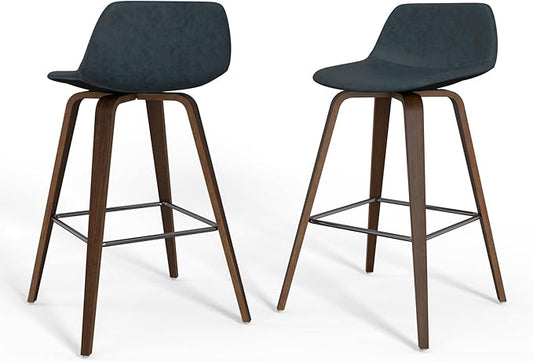 SIMPLIHOME Randolph Counter Stools (Set of 2) - 28 Inch Seat Height Upholstered Bentwood Kitchen Seats in Distressed Blue Vegan Faux Leather, Mid Century Seating with Curved Backrest and Footrest