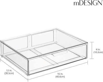 mDesign Wide Plastic Stackable Bathroom Storage Organizer Bin with Pull Out Drawer for Cabinet, Vanity, Shelf, Cupboard, Cabinet, Countertop, or Closet Organization - Lumiere Collection - Clear