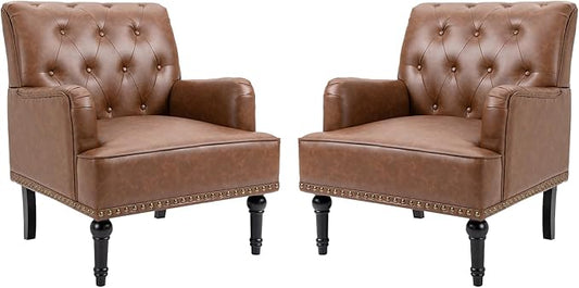 MOJAY Faux Leather Accent Chair Set of 2, Mid-Century Modern Living Room Chair Lounge Study Sofa Chair with Sturdy Wood Legs, Club Chair Armchair for Bedroom Home Study Reception (Brown)