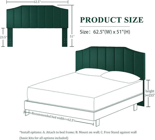 Velvet Queen Size Headboard, Upholstered Headboard Queen/Full Size Wall Mount and Bed Frame Mount, Featuring High-Density Sponge Padding Luxury Texture Easy Assembly Comfort Style-Jade