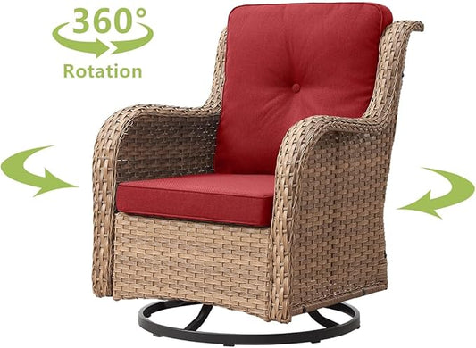 HUMMUH 3-Piece Swivel Rocking Rattan Chair Outdoor, Patio Bistro Furniture Conversation Set, Cushioned Wicker Chair with Glass Coffee Table(Yellow,Red)