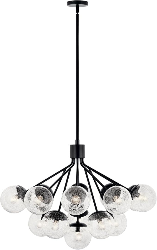KICHLER Silvarious 16-Light Convertible Chandelier, Soft Modern Light with Clear Crackled Glass in Black, for Dining Room, Living Room or Foyer (26" x 38"), 52702BK