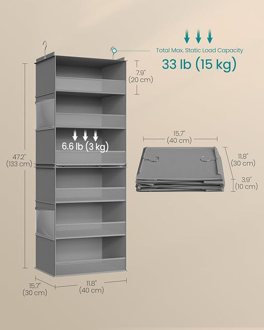SONGMICS Set of 2 Hanging Closet Organizers, 6-Tier Fabric Storage Shelf, Separable Closet Hanging Shelf with Side Pockets, Foldable, Metal Hooks and Bamboo Inserts, Dove Gray URCH008G01