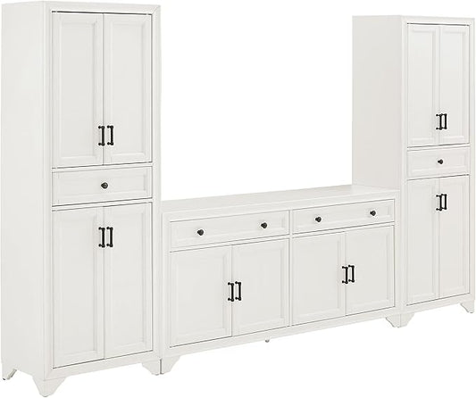 Crosley Furniture Tara 3-Piece Modern Farmhouse Sideboard Buffet Cabinet and Kitchen Storage Pantry Set, Distressed White
