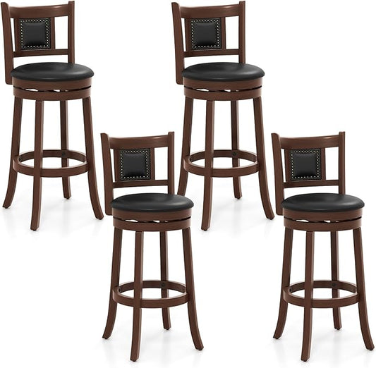 COSTWAY Bar Stools Set of 4, 30.5” Swivel Upholstered Bar Height Bar Stool w/Curved Backrest & Cushioned Seat, Solid Rubber Wood Legs & Resting Footrest, Bar Chairs for Kitchen Island (4, 30.5”)