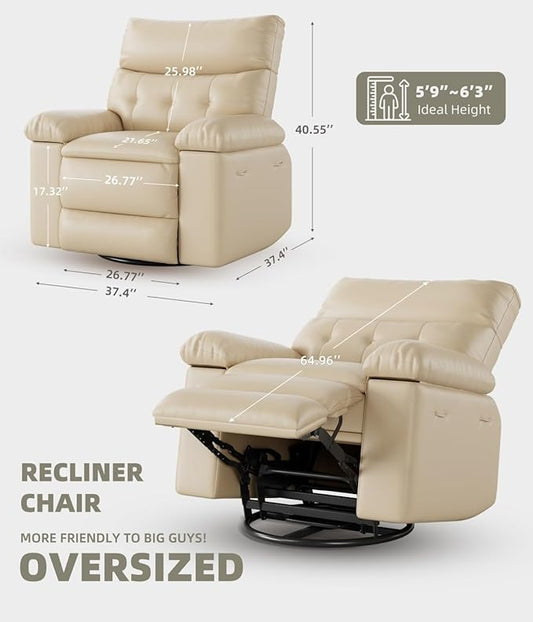 GarveeHome Oversized 27" Recliner Chairs, Classic Manual Leather Recliner, Home Theater Seating with Lumbar & Arms Support for Living Room, Bedroom and Nursery - Beige