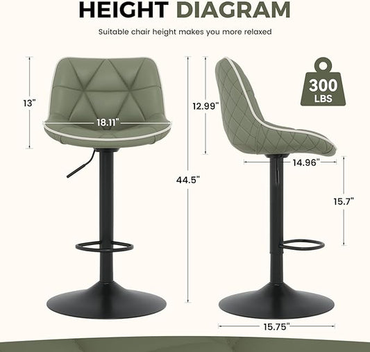 Nalupatio Bar Stools Set of 2, Adjustable Swivel Counter Height Bar Stools with Back, Armless Modern Barstools for Kitchen Island & Home Bar, Upholstered Seat,（Green）