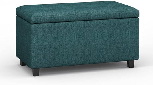 SIMPLIHOME Cosmopolitan 34 inch Wide Contemporary Rectangle Storage Ottoman in Teal Polyester Fabric, Assembled, For the Living Room, Entryway and Family Room