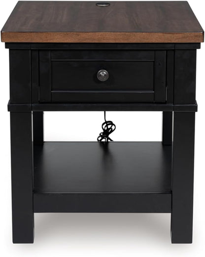 Signature Design by Ashley Wildenauer Farmhouse 1-Drawer End Table with Lower Shelf and USB Ports, Light Brown & Black