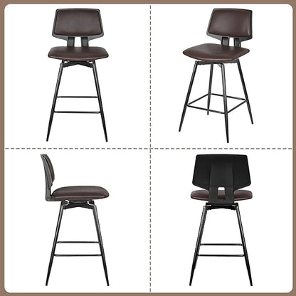 VECELO Swivel Leather Bar Stools Set of 2, Counter Height Barstools with Back, Metal Legs, 35.2-Inch Tall Barstools for Kitchen Island, Home Bar, Cafe, Brown