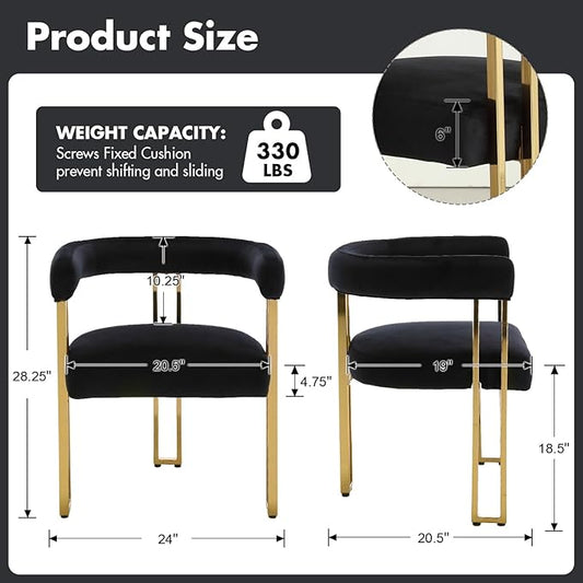 Set of 6 Black and Gold Modern Dining Chairs, Velvet Upholstered Barrel Armchairs with Metal Legs for Kitchen Island, Mid Century Accent Chairs for Dining Room Living Room, Open-Back