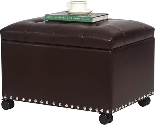 Joveco Leather Storage Ottoman with 360° Caster Wheels 24" Foot Rest Bench Rectangle Ottomans Stool for Living Room Bedroom (Brown, Wheels)