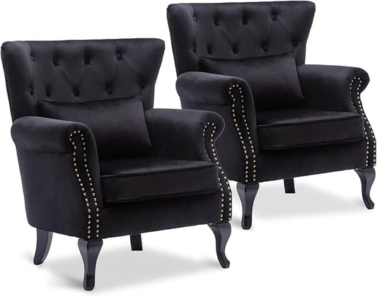 Accent Reading Arm Chairs Set of 2 for Living Room Bedroom, Midcentury Modern Comfy Corner Sofa Chair, Wingback Waiting Room Club Chair with Button Tufted Back &Lumbar Pillow, Velvet Black