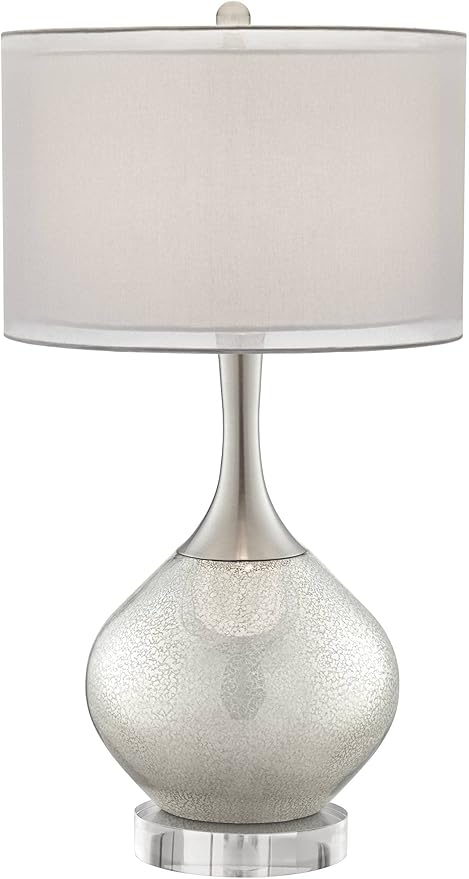 Possini Euro Design Swift Modern Table Lamp 32" Tall with USB Dimmer Round Riser Mercury Glass Chrome Neck Double Drum Shade for Bedroom Living Room House Bedside Nightstand Office Entryway Family