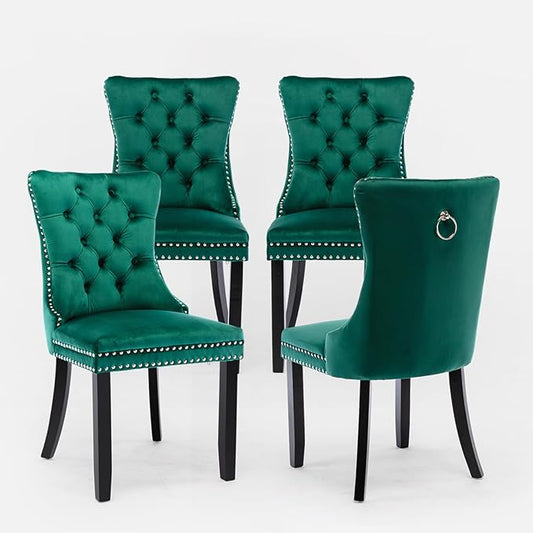 Velvet Upholstered Dining Chairs Set of 4, Modern Style Kitchen Side Chairs with Nailhead Trim and Wood Legs,Metal Pulling Ring for Dining Room Living Room(Green)