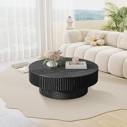 31.5'' Round Coffee Table for Living Room, Fluted Coffee Table with Hidden Storage, Solid Wood Veneered Circle Table, Modern Tea Table for Small Space Apartment (Black)