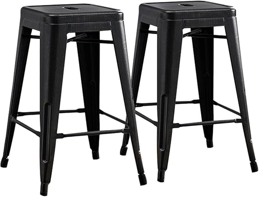 AC Pacific 24” Metal Backless Barstool Set of 2 – Country Rustic Style, Lightweight & Sturdy Build, Easy Assembly – Distressed Black Finish
