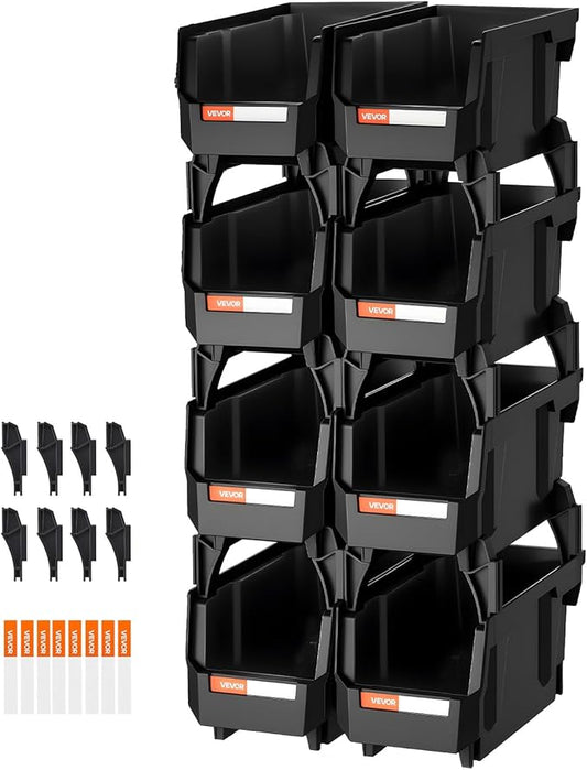 VEVOR Plastic Stackable Storage Bins, 10.9 x 5.5 x 5.1 inch (8 Pack), Plastic Containers for Organizing and Storage Bins for Closet, Garage, Small Parts, Office Supplies and Other Accessories, Black