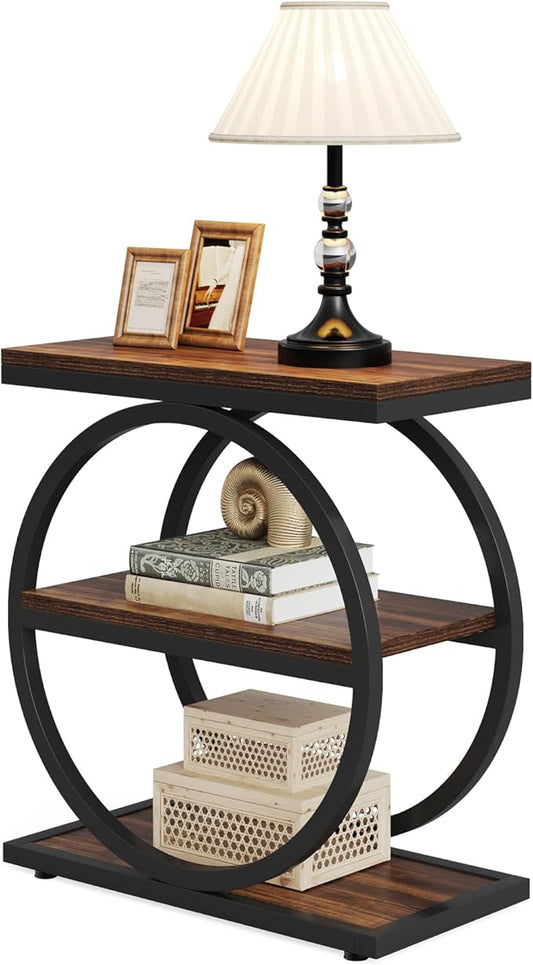 LITTLE TREE 3-Tier End Table, Industrial Side Table with Storage Shelves, Small Sofa Side Table for Living Room, Wooden Side End Table with Double Round Metal Legs