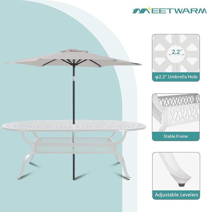 MEETWARM 9-Piece Outdoor Patio Dining Set, All-Weather Cast Aluminum Patio Conversation Set for Backyard Garden Deck with 8 Cushioned Swivel Rocker Chairs, 1 Oval Table, 2" Umbrella Hole, White