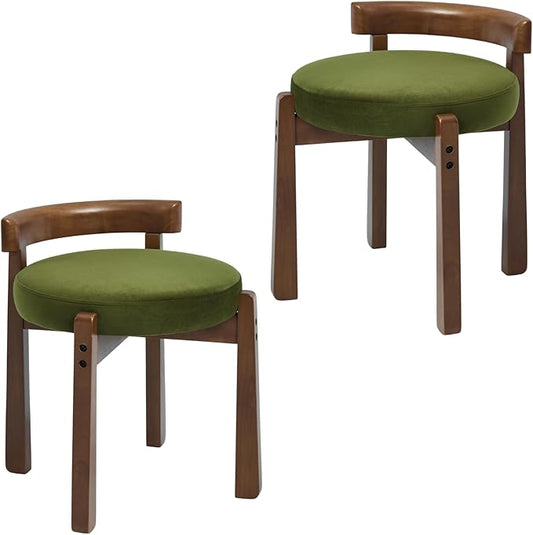 Modern Vanity Chair Upholstered Small Ottoman Footstool, Make Up Stool Velvet Fabric with Backrest Wooden Frame for Living Room Bedrooms, 2PCS, Green