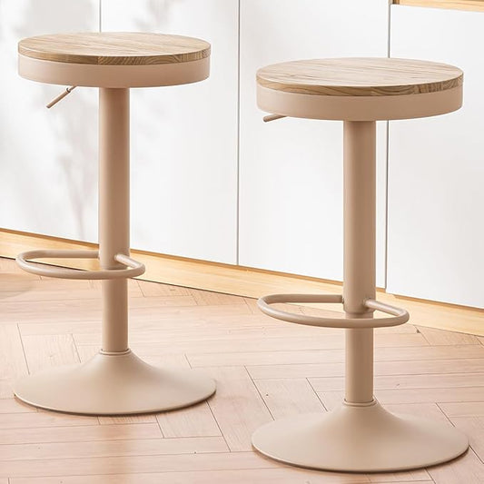 Kidol & Shellder Bar Stools Set of 4 Round Adjustable Swivel Barstools Modern Backless Bar Chairs Wooden Seat Counter Height Stools Armless for Kitchen Island, Cafe, Dining Room (Khaki)