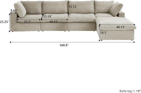 Cloud Couch Modular Sectional Sofa with Storage Ottoman,160.6" L Shaped Couch for Living Room,Down Filled 5 Seater Convertible Sectional Sofas,Covers Washable&Replaceable (Khaki)