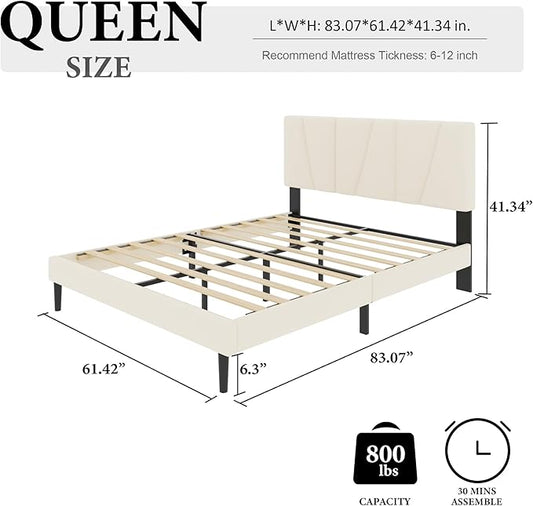Queen Size Bed Frame with Fabric Upholstered Headboard, Platform Bed with Wooden Slats Support, Fully Mattress Foundation, Box Spring Optional, Easy Assembly