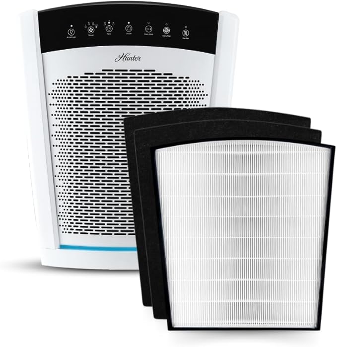 Hunter HP850 Air Purifiers for Home Large Room and Bedroom. True HEPA Air Purifier for Pets, Odors, Allergens, Smoke, Dust. UV Value Bundle w/Extra Filter, Cleans 2585 Ft² per hour. White