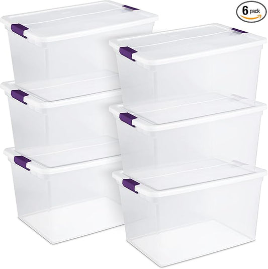 Sterilite 6-Pack Plastic Storage Bin w/ Latch Lid, ClearView Stackable Containers, 66 Qt