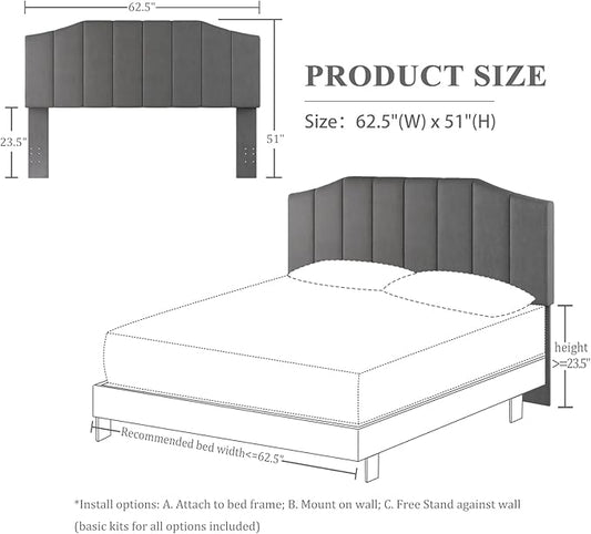 Velvet Queen Size Headboard, Upholstered Headboard Queen/Full Size Wall Mount and Bed Frame Mount, Featuring High-Density Sponge Padding Luxury Texture Easy Assembly Comfort Style-Dark Gray