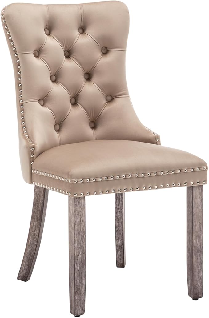 Velvet Dining Chairs Set of 2, Upholstered Dining Room Chairs with Nailhead Ring Pull Trim, Button Tufted Wing Back Chairs for Dining with Solid Wood Legs for Kitchen Dining Room(Khaki)