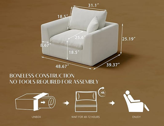 48.6" Single Sofa, Small Boneless Couches for Living Room, Cloud Couch for Bedroom, Office, Warm White