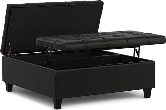 SIMPLIHOME Harrison Large Coffee Table Storage Ottoman - 40 inch Wide Upholstered Vegan Leather Square Lift-Top Ottoman in Midnight Black, Transitional Bench for Living Room with Sturdy Base