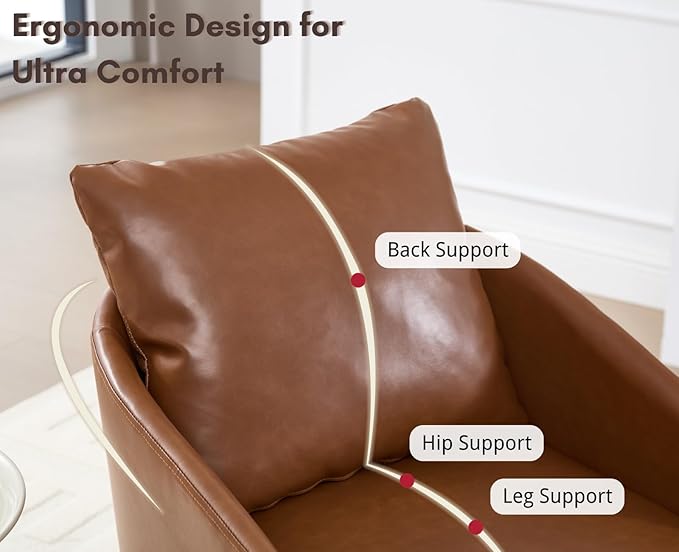 CIMOTA PU Leather Swivel Accent Chair, Modern Barrel Armchair with 360° Swivel Base and Pillow, Upholstered Club Chair for Living Room/Reading/Office, Brown